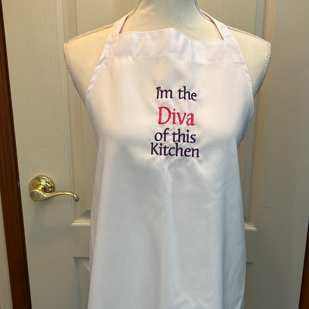 Embroidered Apron.One size fits most. I’m the Diva of this Kitchen. Great gift!